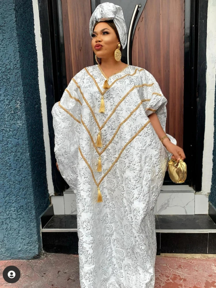 African Clothes For Women 2024 Spring Summer Africa Clothing Plus Size V Neck Bat Sleeve Tassels Maxi Dress Turkey Robe Africain