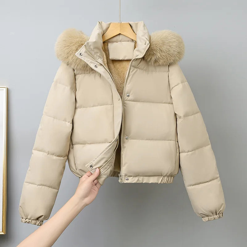 Short Coats Women Parkas Hooded Fur Collar Jackets Thick Warm Y2k Streetwear Elegant Jacket Work Coat Autumn Winter 2025