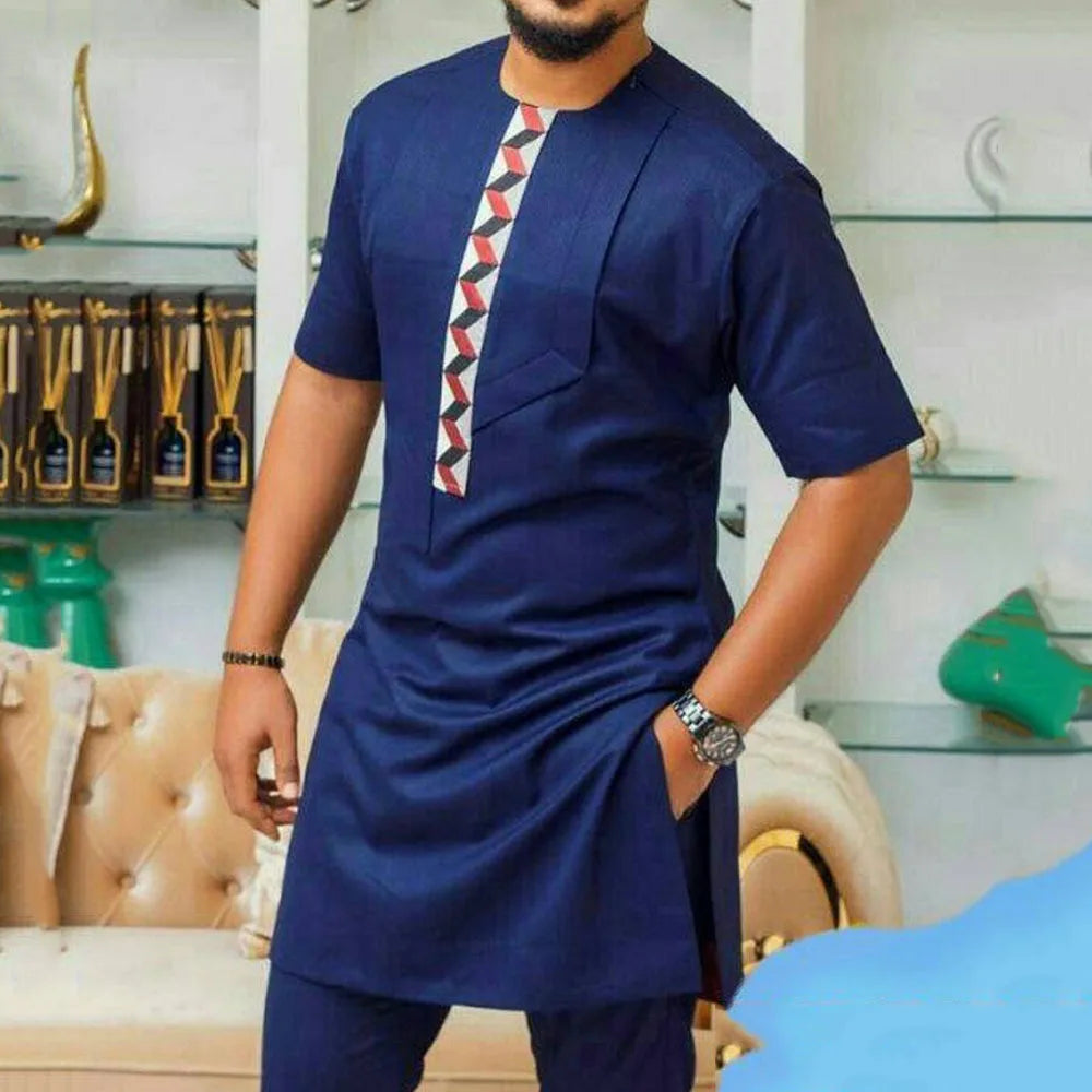 Ethnic Style African Tribal Men Shirts Round Neck Long Sleeve Business Casual Slim Blouses Comfy Traditional Long Tops Gentleman