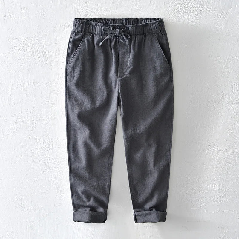 70% Linen,30% Cotton Men's Drawstring Elastic Waist Casual Pants, Straight Loose Ramie Trousers, Camping Fishing Comfortable