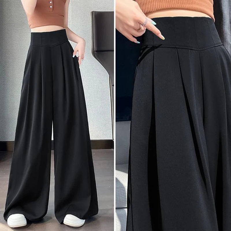 Lady Korean Solid High Waist Pants Girls Fashion Wide Leg Suit Trousers Women Slim Fit Comfortable Daily Slacks