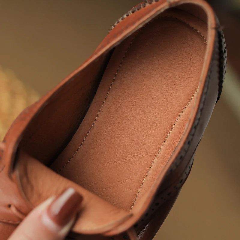 Women's New Round Head Burnt Flower Inner and Outer Leather Cowhide Lace up Large Low Heel Block Oxford Shoes