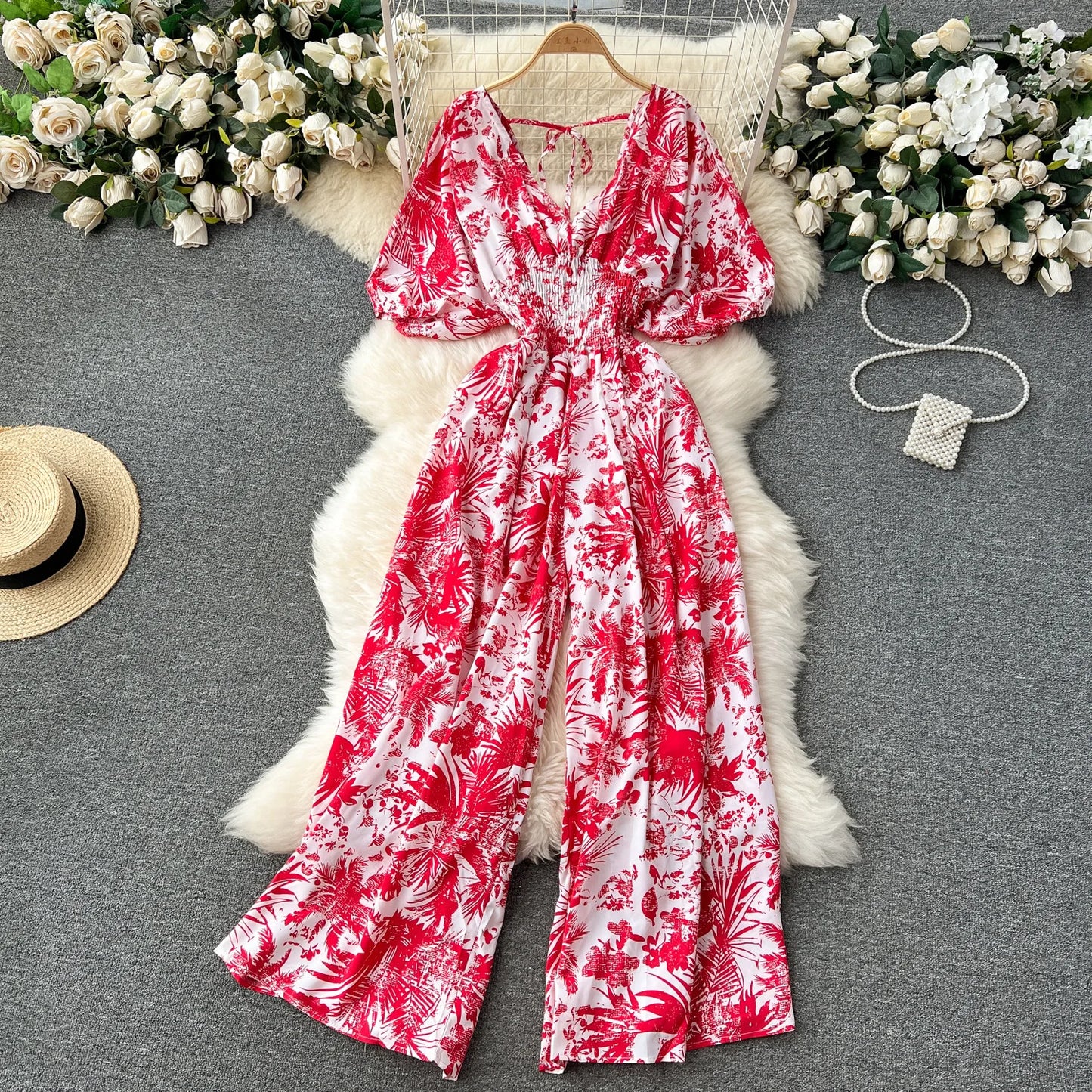 V Neck Sexy Dolman Sleeves Waist Slim Floral Print Jumpsuit Women Wide Leg Trousers Jumpsuit