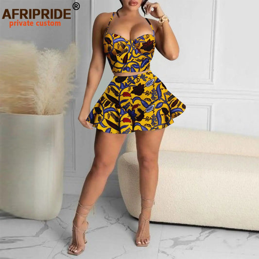 African Clothes for Women Crop Tops and Mini Skirts 2 Piece Set Sexy Party Print Attire Ankara Outfits African Dresses A2226005