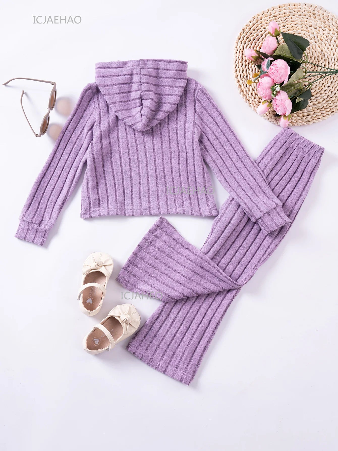 Girls Children Outfit Set Hooded Knit Sweater Long Sleeve Solid Pants Casual Clothing for Kids Toddler Daily Wear Autumn Spring