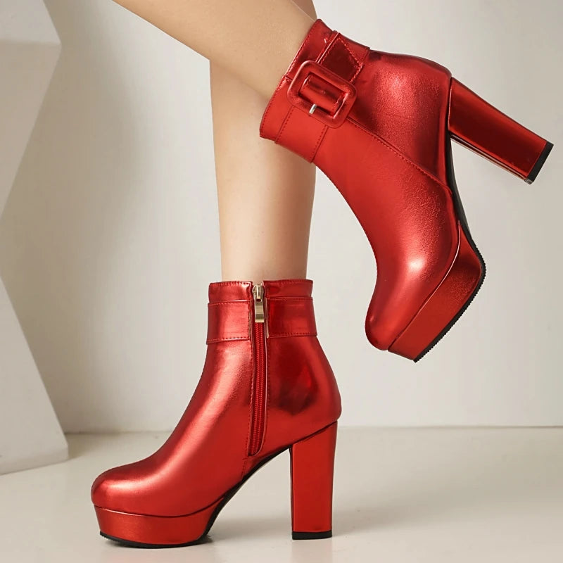 Luxury Women's Ankle Boots High Heels Platform Short Boot Zipper Gold Silver Pink Red Party Dance Shoes Female Large Size 45 48