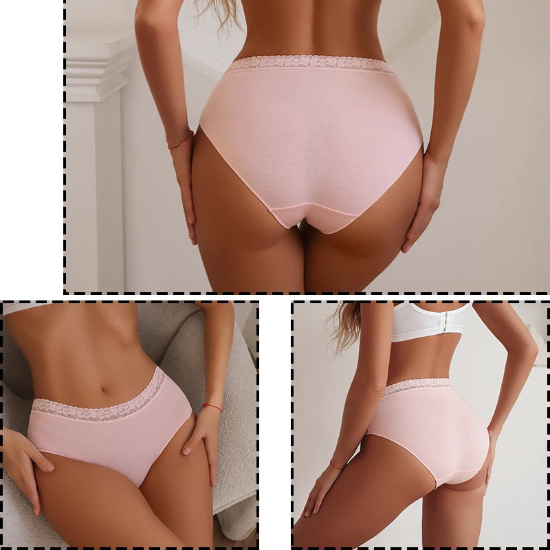 FINETOO 5PCS/Set Women Cotton Panties Sexy Low Waist Briefs Lace Cotton Female Comfortable Underwear Solid Color Soft Lingerie