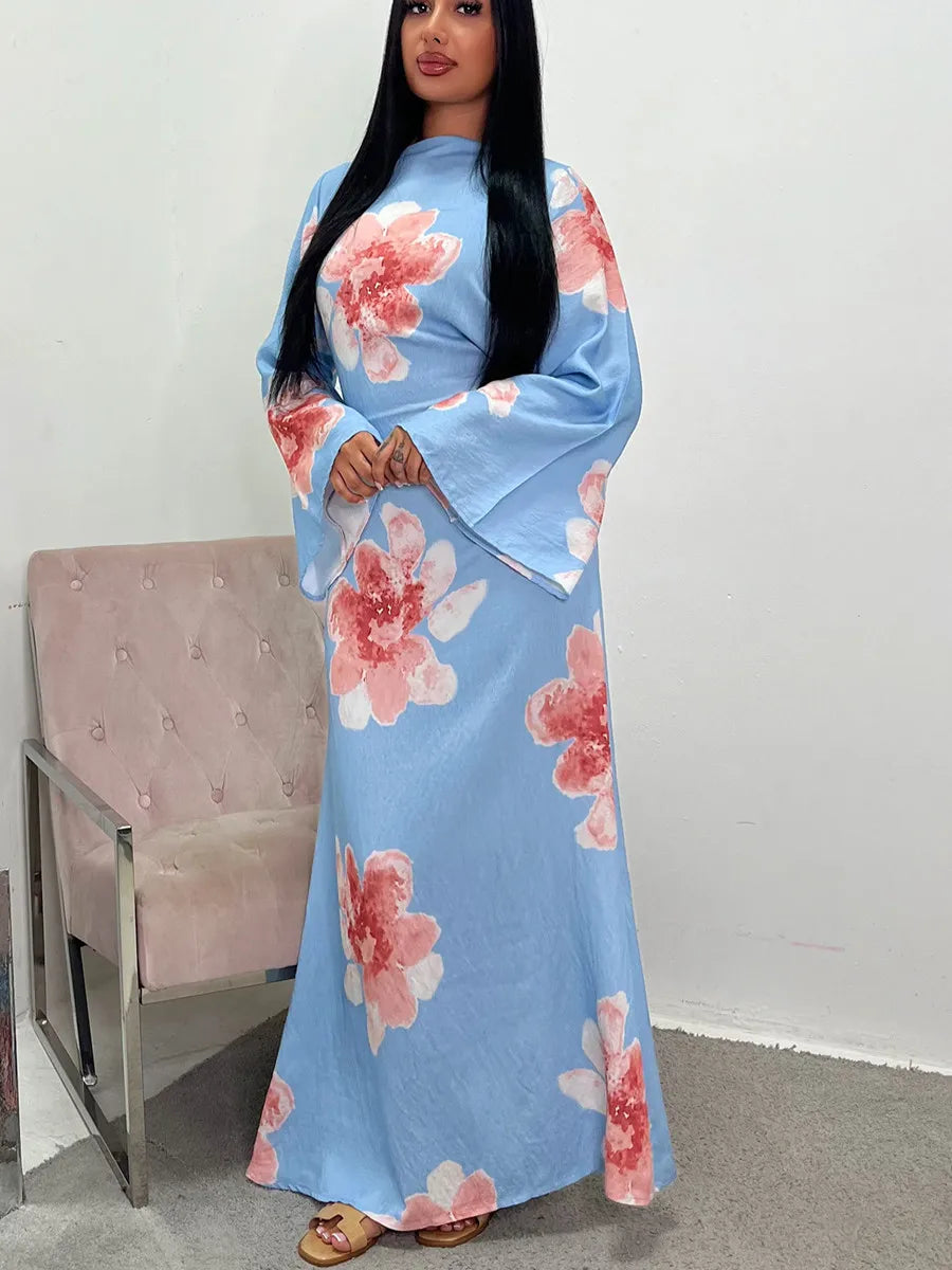 Women Arabic Eid Muslim Dubai Abaya Dress Luxury Fashion Flower Print Long Dress Kaftan Robe Femme African Islam Clothing Kebaya