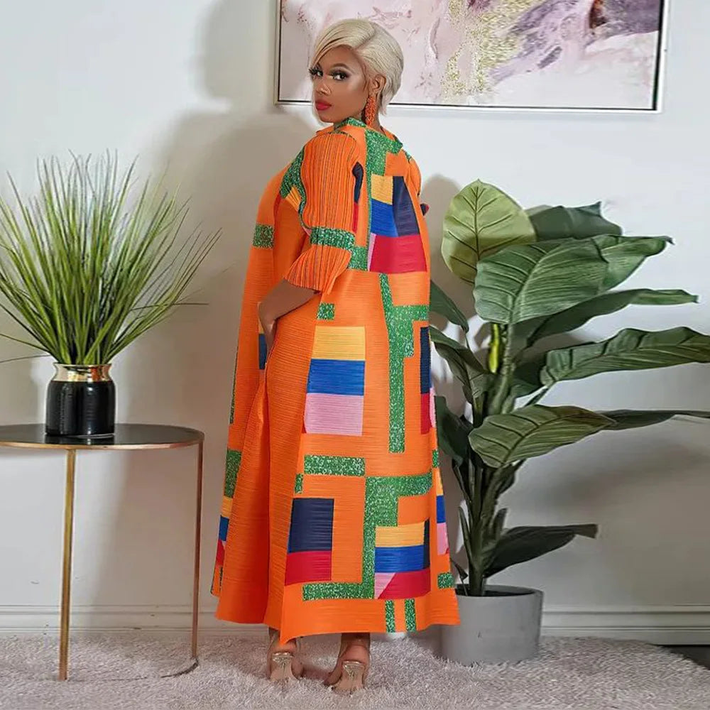 African Dresses for Women Summer Fashion Style African 3/4 Sleeve Polyester O-neck Pleated Dress Dashiki African Clothes Women