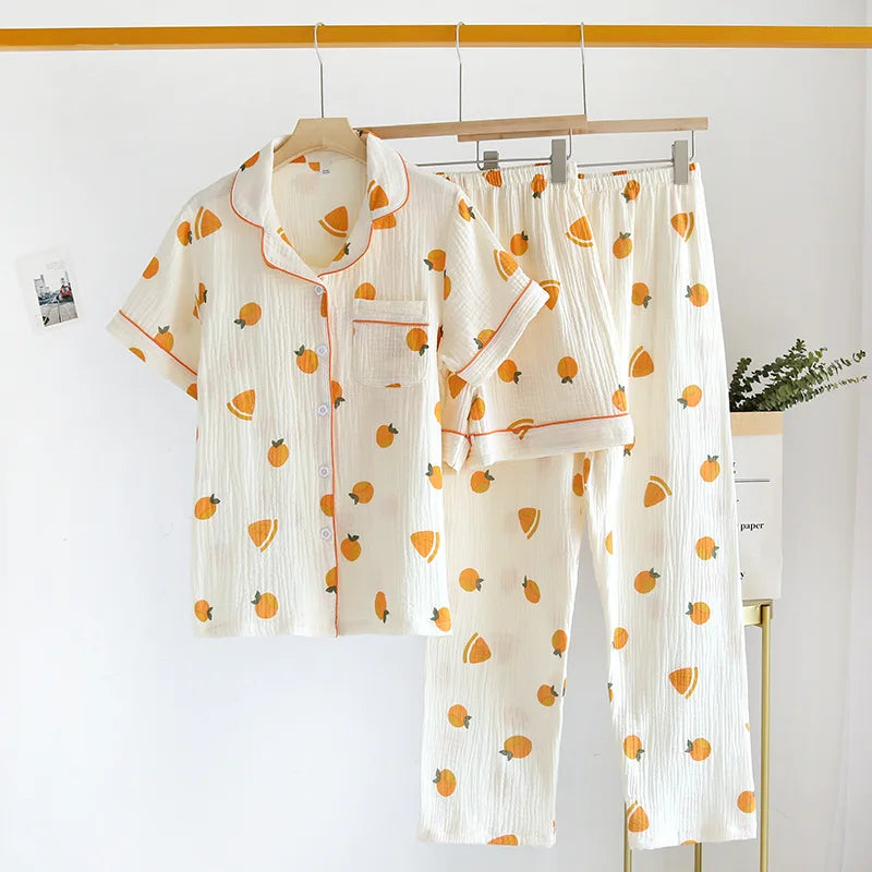 Women's short sleeve trousers home service cotton yarn thin pajama set spring and autumn cotton home service suit