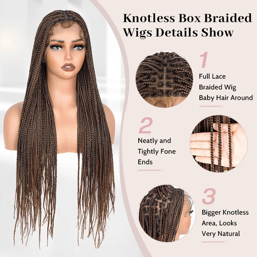 Small Square Knotless Box Braided Synthetic Wig 1BT30 Brown 30 Inch Full Double Lace Front Braided Wigs with Baby Hair For Women