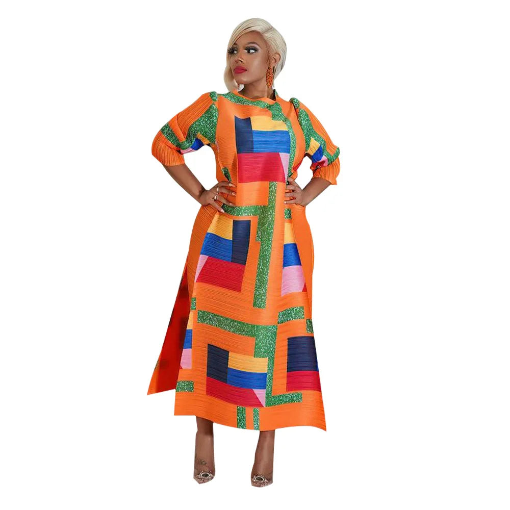 African Dresses for Women Summer Fashion Style African 3/4 Sleeve Polyester O-neck Pleated Dress Dashiki African Clothes Women