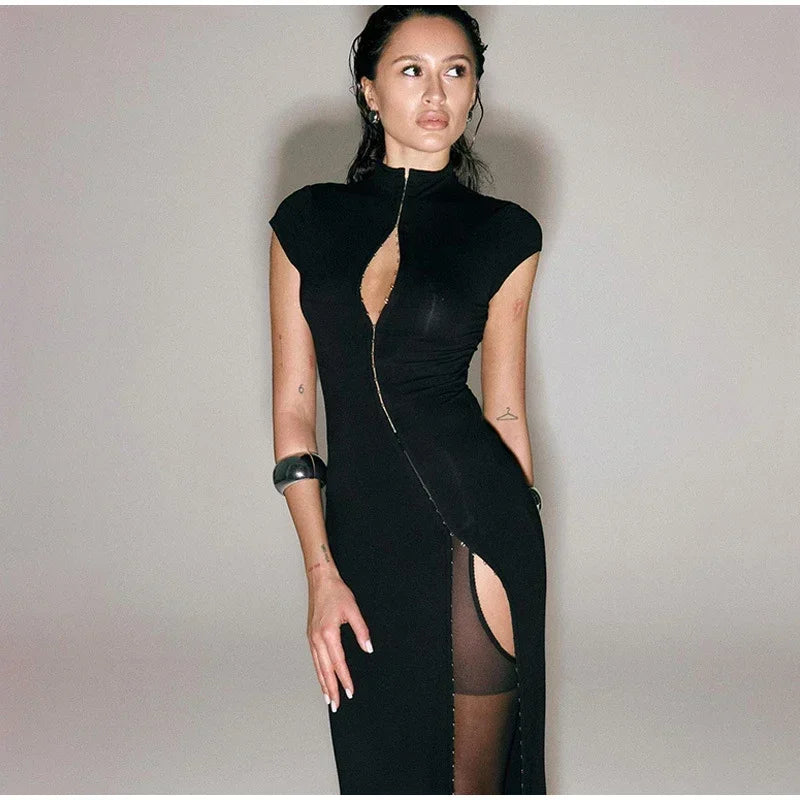 Y2k Black Hollow Out Slit Dress Women Solid Short Sleeve High Neck Slim Fit Maxi Dresses Lady Fashion Evening Party Club Robe