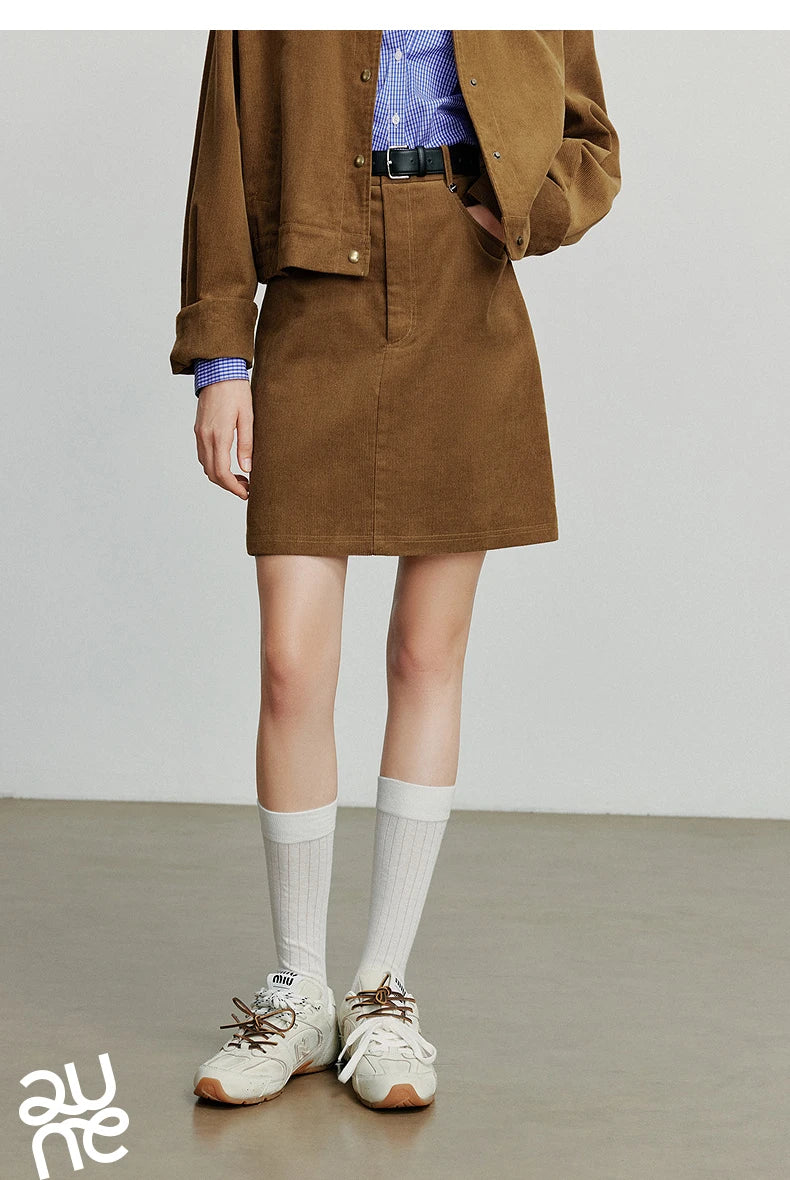TOYOUTH Women Midi Skirt 2025 Autumn New Retro Corduroy Elastic Waist Pure Cotton A Line Mini Skirt