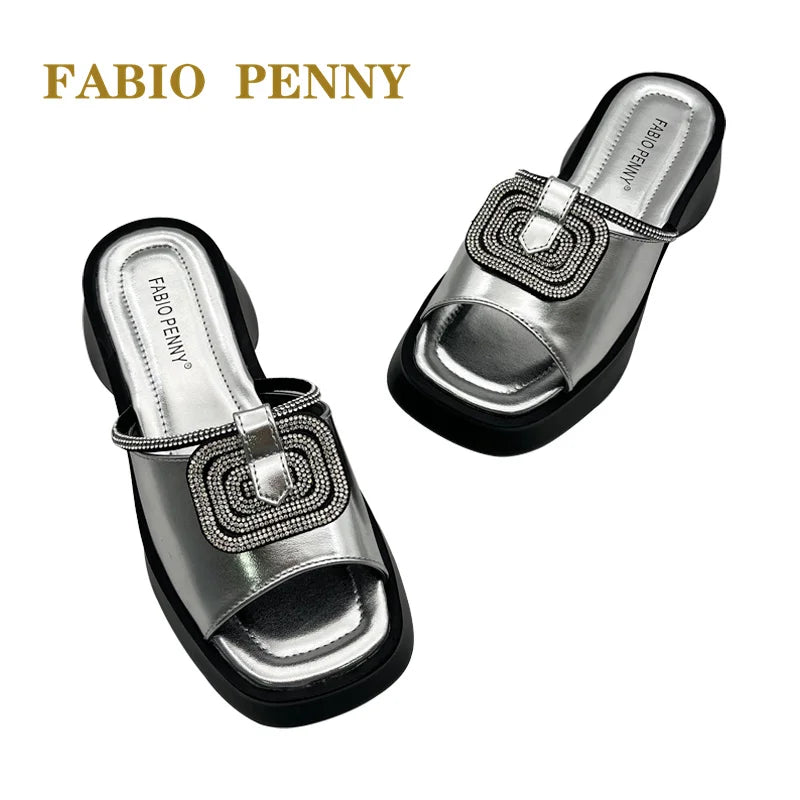FABIO PENNY2026 new solid-color exquisite water diamond design thick-soled women's fashionable slippers and party sandals