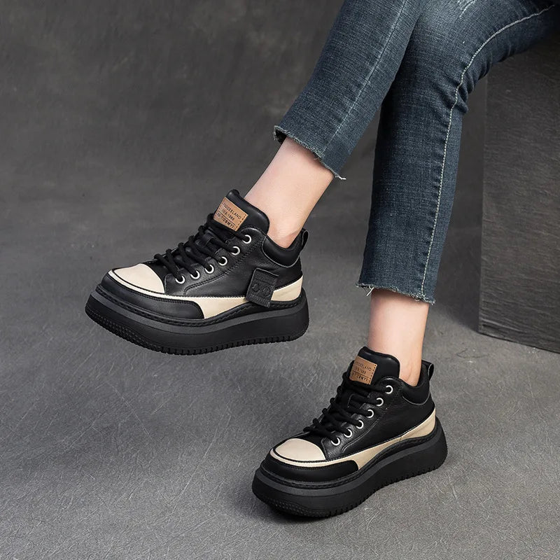 Myjyjz 4.5cm Cow Genuine Leather Women Spring Platform Wedge Flats Chunky Sneakers Lace Up Autumn Loafer Vulcanize Shoes Rubber