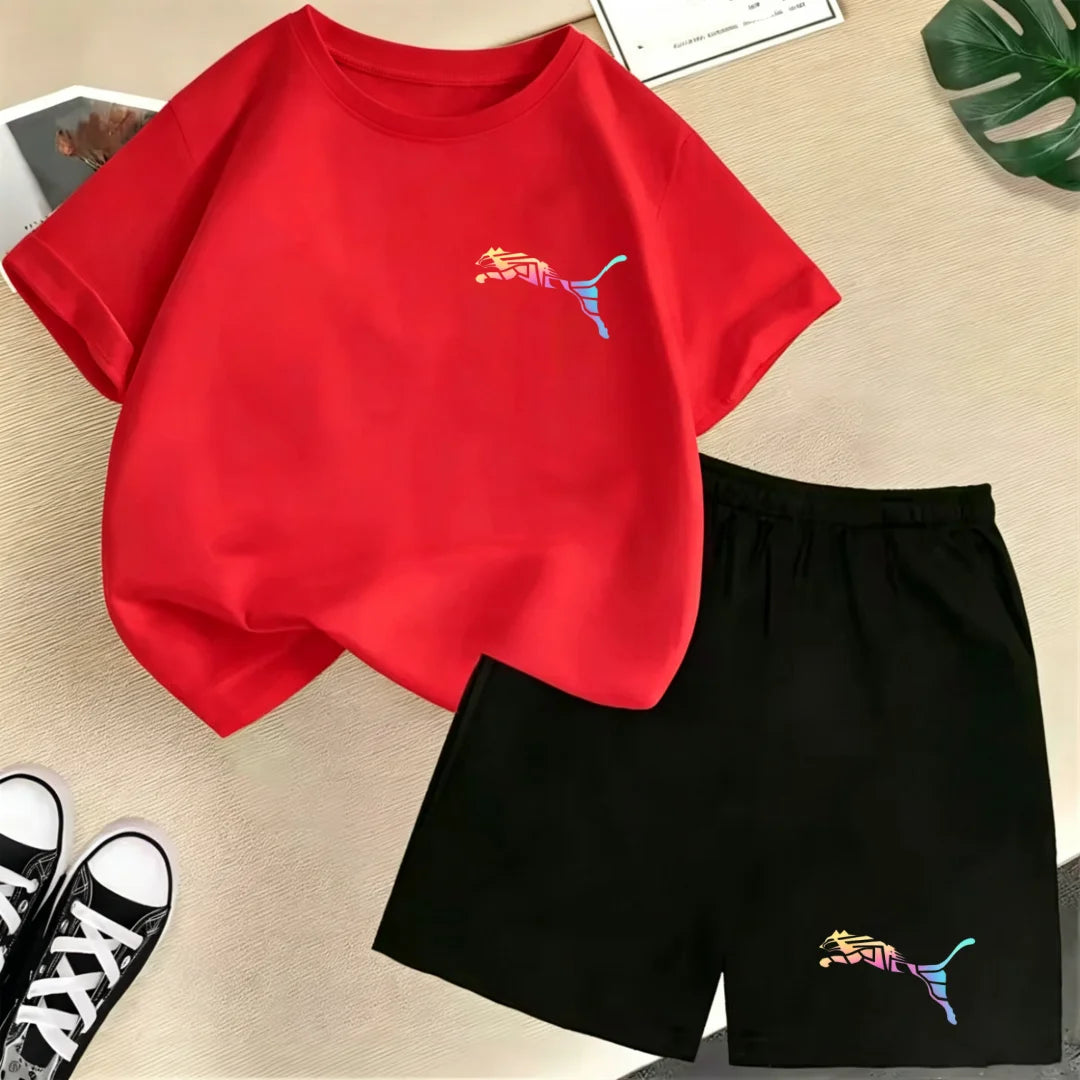 Kids Summer Casual Round Neck T-shirt Colorful Gradation Animals Boy Girl3-12Yrs Short-Sleeved+Shorts Fashion Sports Clothes Set