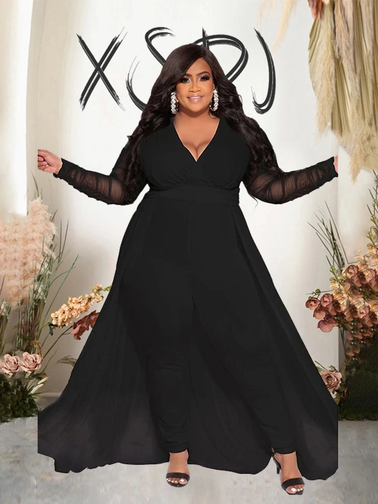 2 Piece Sets Women Outfit Mesh Lace Sleeves Elegant Pants and Blouse Set Sexy Curve Plus Size Clothes Wholesale Dropshipping