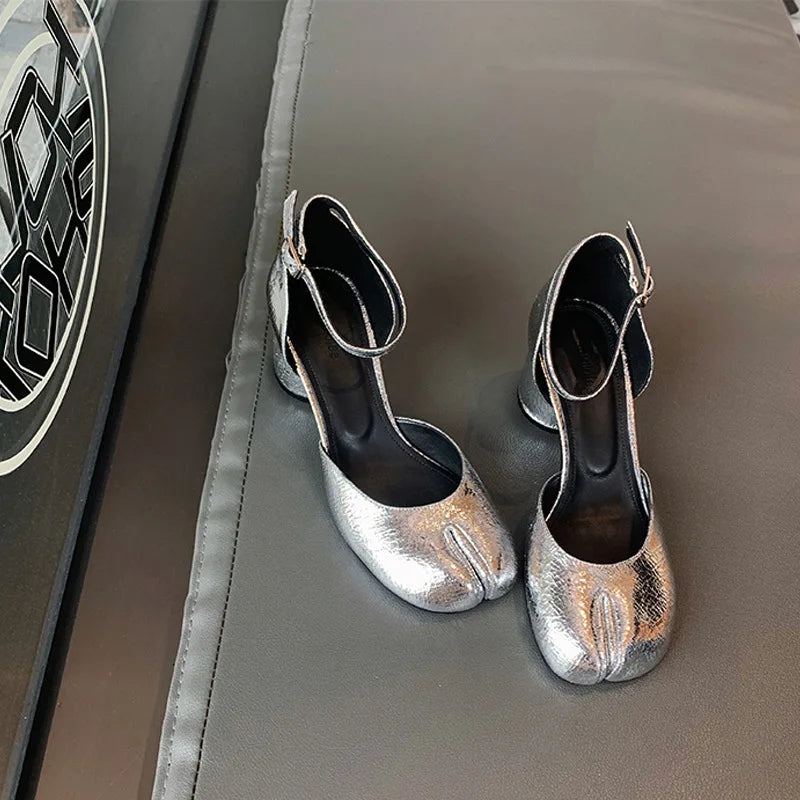 Brand Designer Tabi ninja high heels shoes woman ankle strap silver crack leather pumps split toe D'orsay mary janes shoes woman