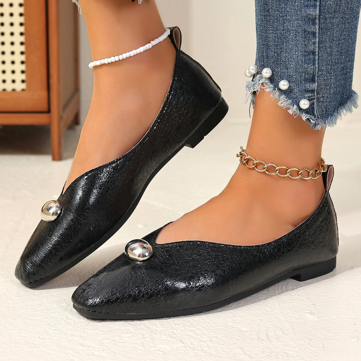Women Flats Plus Size French Style Shoes One Step Shallow Square Toe Loafers Shoes Versatile Comfortable Summer Sneakers Women
