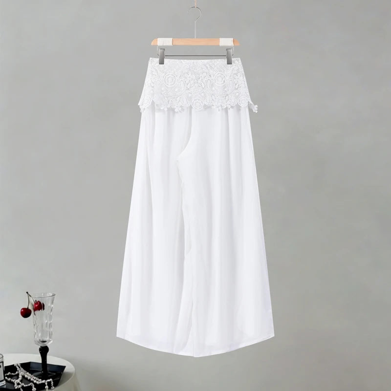 Casual Lace Tops Pants Sets Women O Neck Sleeveless High Waist Wide Legs Outfits Female 2026 Summer Beach Vacation Solid Suits