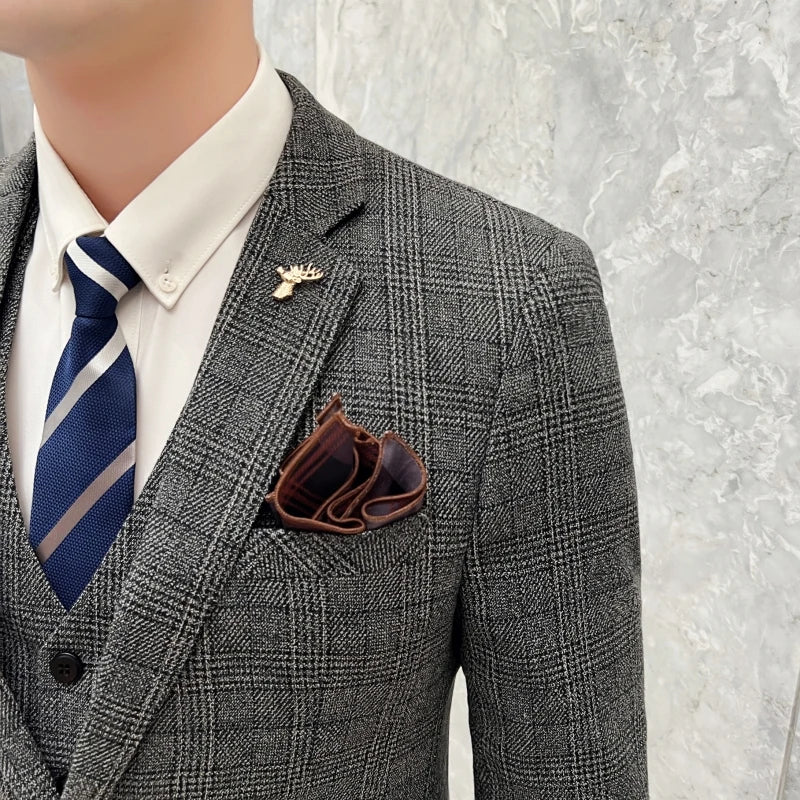 2023 Men's British Fashion Three-piece Set Slim Fit Suit Vest Trousers Ensemble Handsome Trendy All-in-one Banquet Blaze