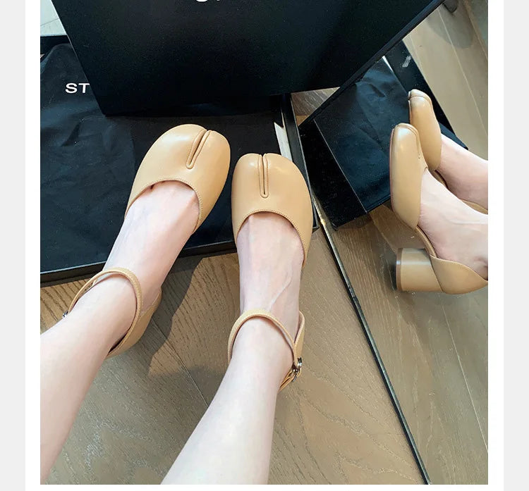 Brand Designer Tabi ninja high heels shoes woman ankle strap silver crack leather pumps split toe D'orsay mary janes shoes woman