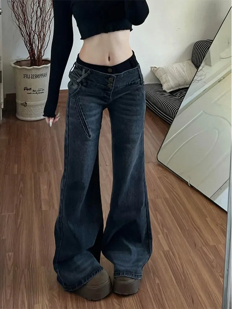 American Style Spicy Girl Design with Patchwork Micro Flared Jeans Women's Retro Washed Vintage Versatile Pants