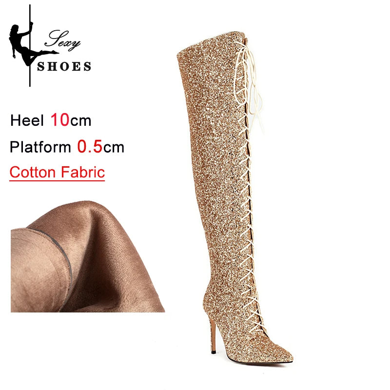 10CM Night Club Over The Knee Boots Sequins Thin High Heels Fashion Lady Pointed Long Boots Autumn Winter Party Shoes For Women
