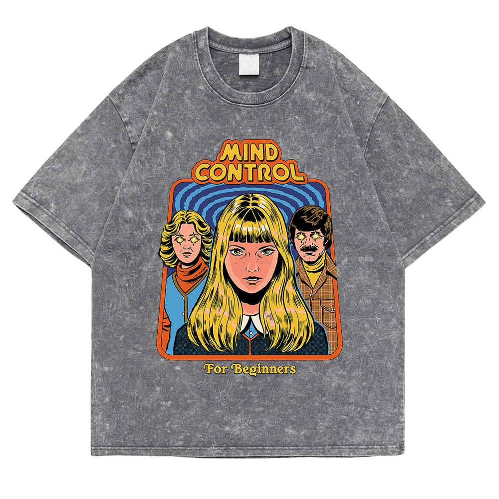 Mind Control For Beginners Washed Retro Men T Shirt Casual Oversize T-Shirt High Quality Cotton T-Shirt Summer Short Sleeve