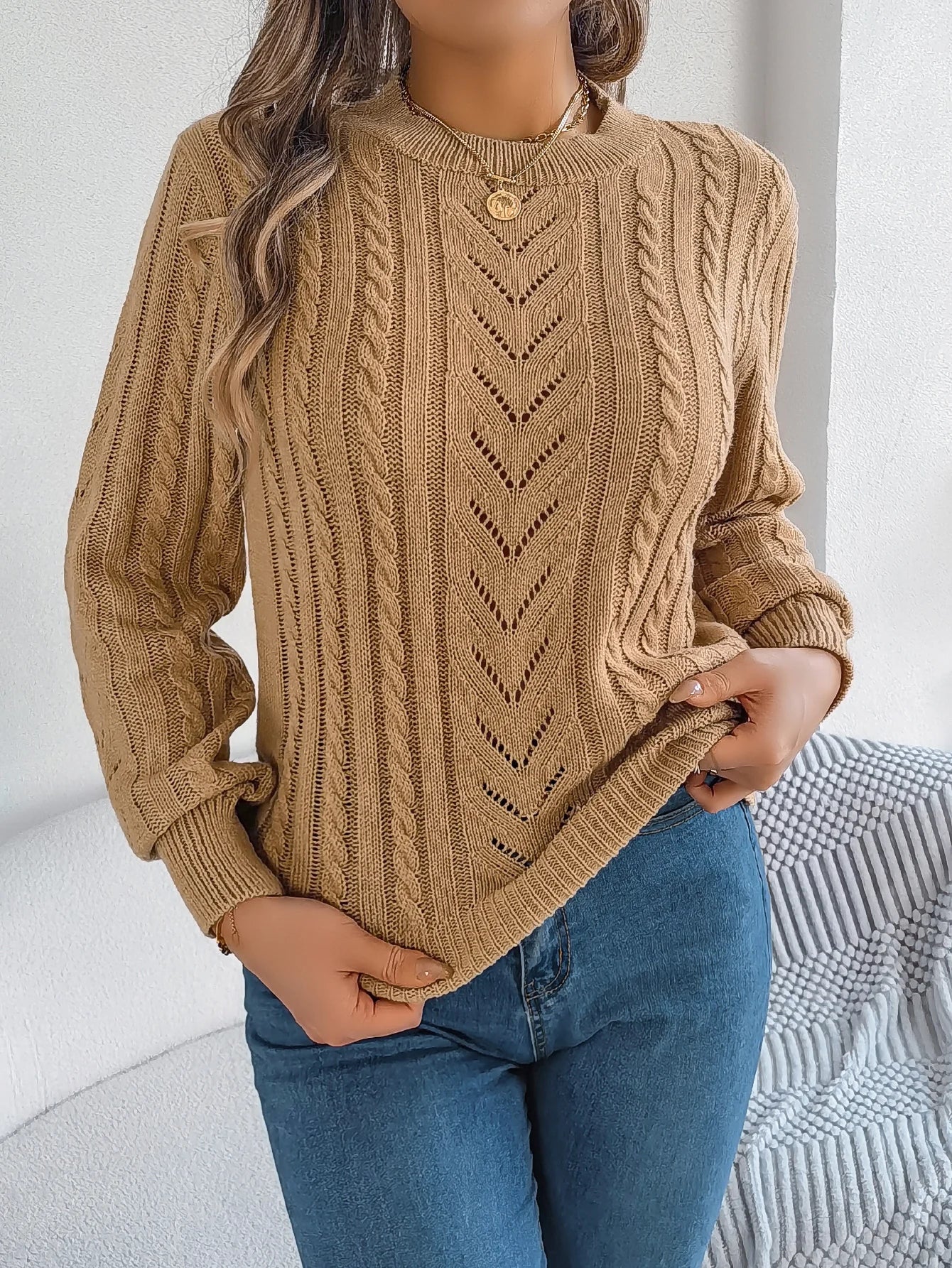 Autumn and Winter Casual Solid Color O-Neck Hollow Out Long Sleeved Pullover Sweater BAZAARHUBO