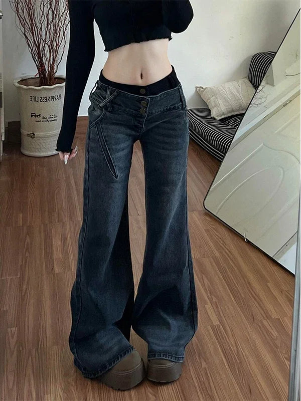 American Style Spicy Girl Design with Patchwork Micro Flared Jeans Women's Retro Washed Vintage Versatile Pants