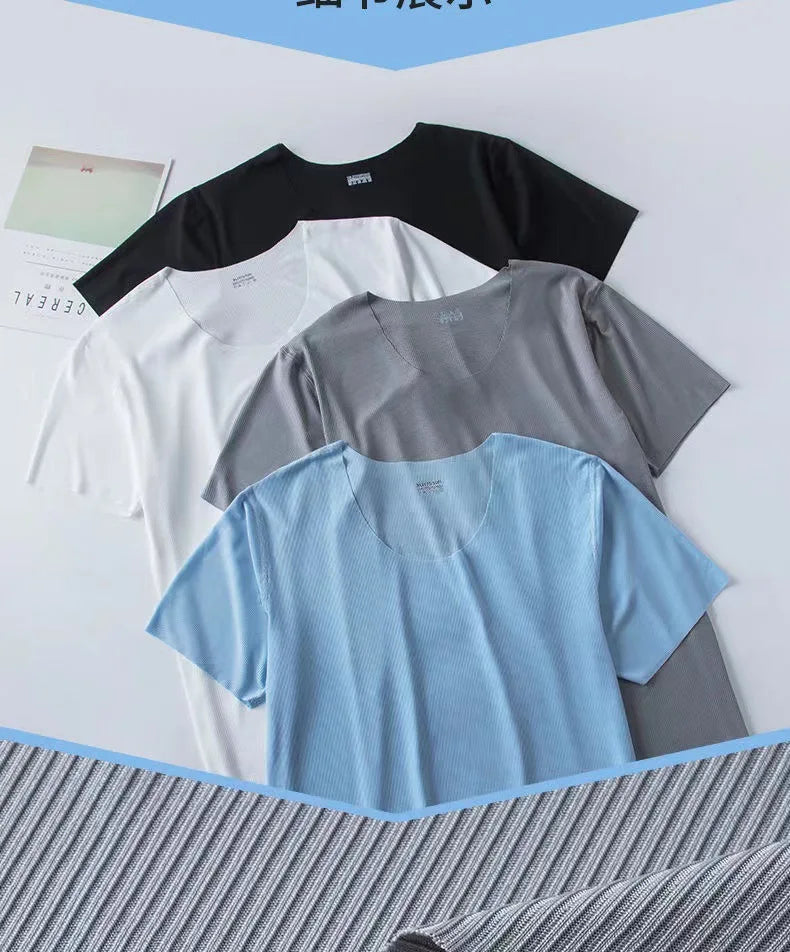 Men's Summer Loungewear Set: Ice-Silk Pajamas, Modal Seamless Round-Neck Lightweight Short-Sleeve T-Shirt, Men's Summer Clothing