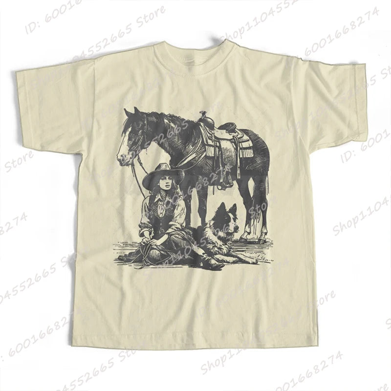 Cowgirls Horse Dog Print T-shirts For Women Summer Short Sleeve Round Collar Tee Shirt Ladies Retro Overszied Tees Tops