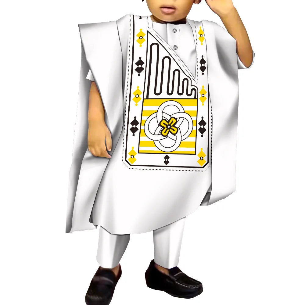 African Boy Embroidered Robe Set Children's Dress Gown Shirt and Trousers Three-piece Boys Traditional Clothing Party Wedding