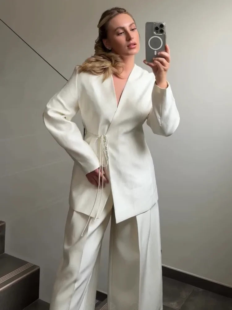 Women Elegant Solid Lace-up Blazer Set Lady Chic V-neck Full Sleeve Loose Coat Wide-leg Pants Suit 2026 Casual Commute Outfit