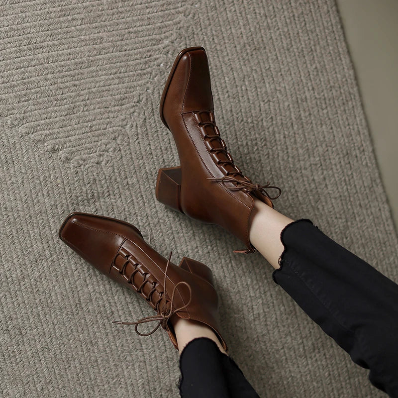 2026 Fashion Women Shoes Split Leather Short Boots Square Toe Chunky Boots Winter Shoes Women Solid High Heel Boots for Women