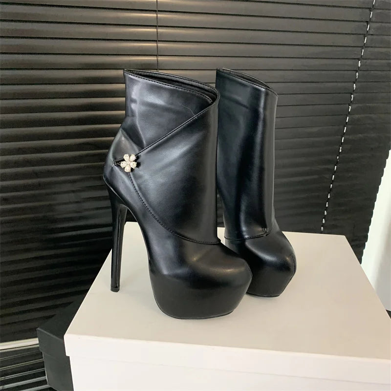 Hlieny Size 35-42 Fashion Extreme Platform Boots Women Winter Fashion Round Toe Thin High Heels Flowers Buckle Shoes