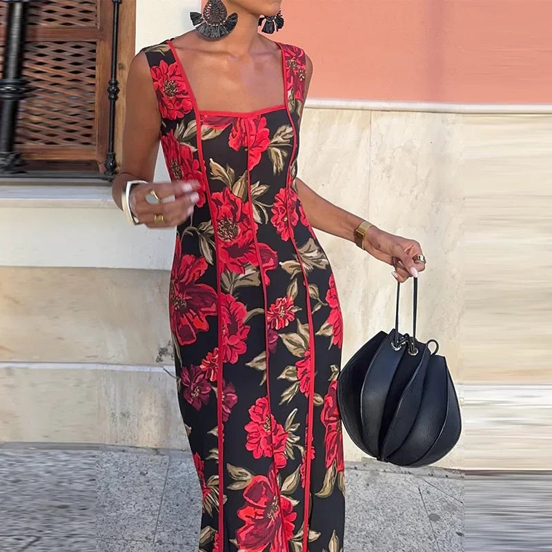 Sexy Printed Flower Long Women's Dress Sleeveless Waist-Closed Slash Neck Lady Dresses Summer Sling Vacation Holiday Robe