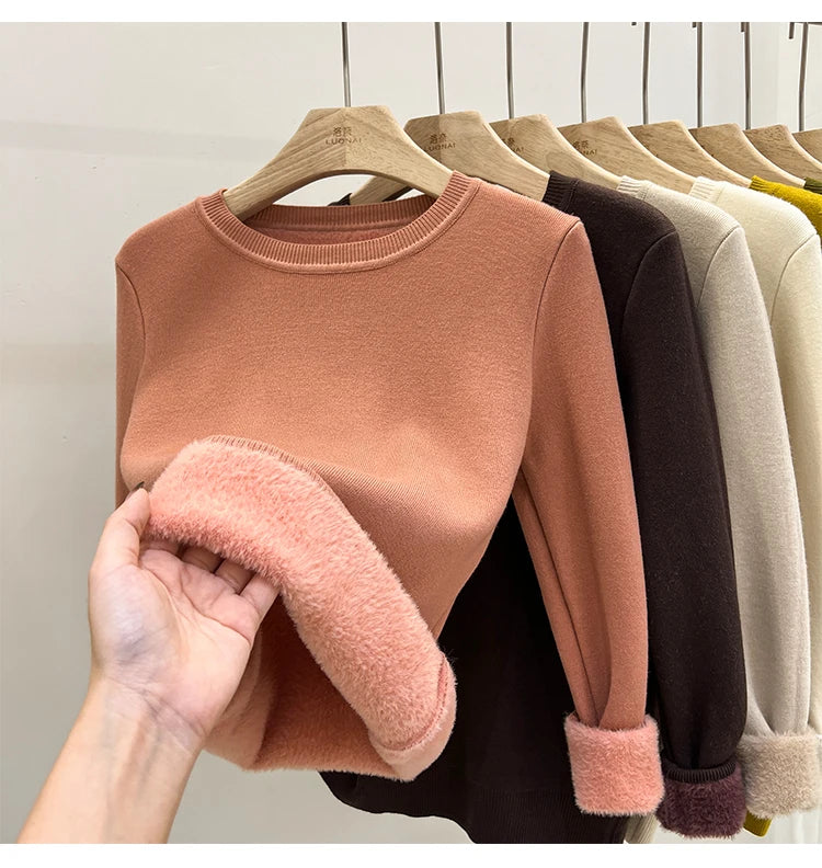 Women's O-neck Velvet Thicken Sweaters Winter Slim Warm Long Sleeve Knitted Tops Casual Plush Fleece Lined Soft Pullovers Ladies