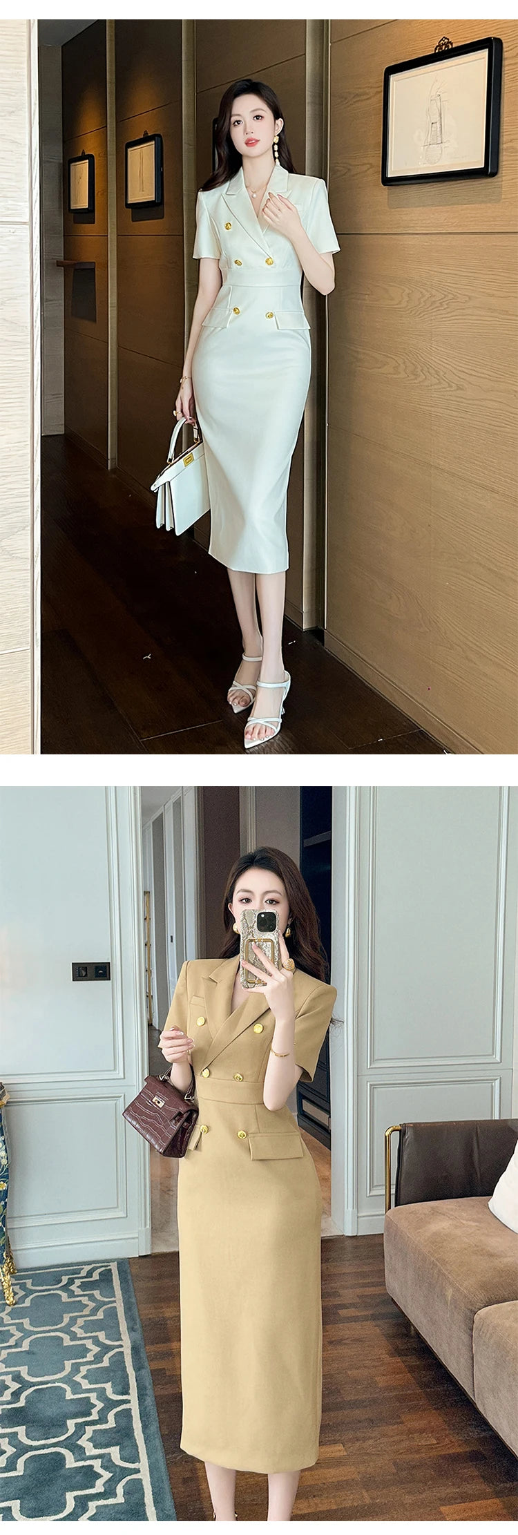 Elegant Office Lady Classic Business Formal Pencil Dress Women Clothes Blazer Commute Short Sleeve High Waist Slim Midi Vestidos