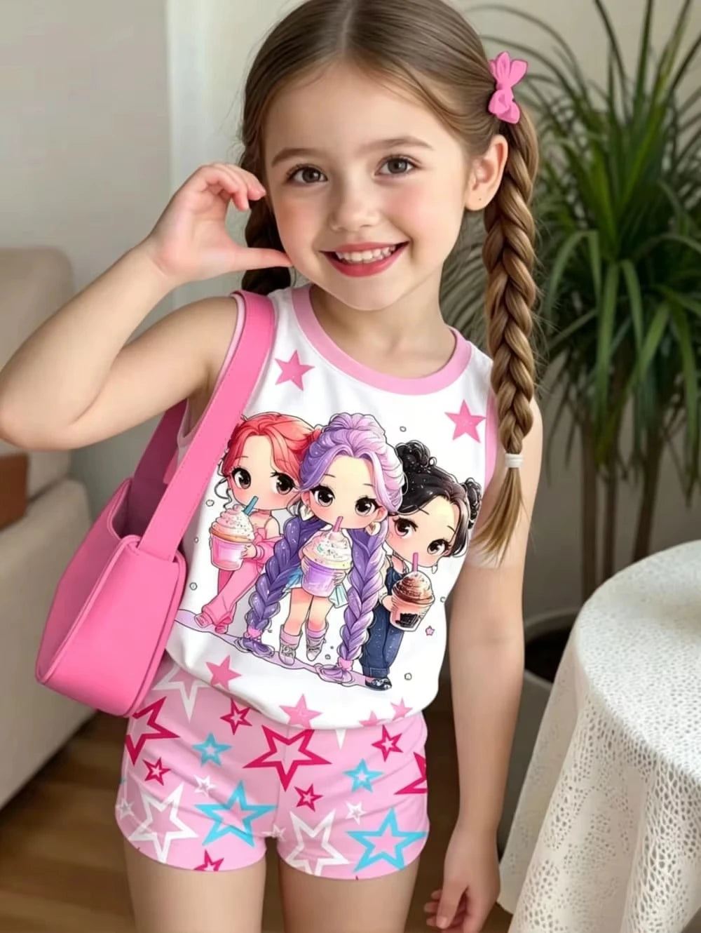 Kids Clothes Girls 2-Piece K-Pop Star Print Tank Top T-Shirt & Shorts Set Casual Streetwear Summer Daily Outfit Girls Clothes