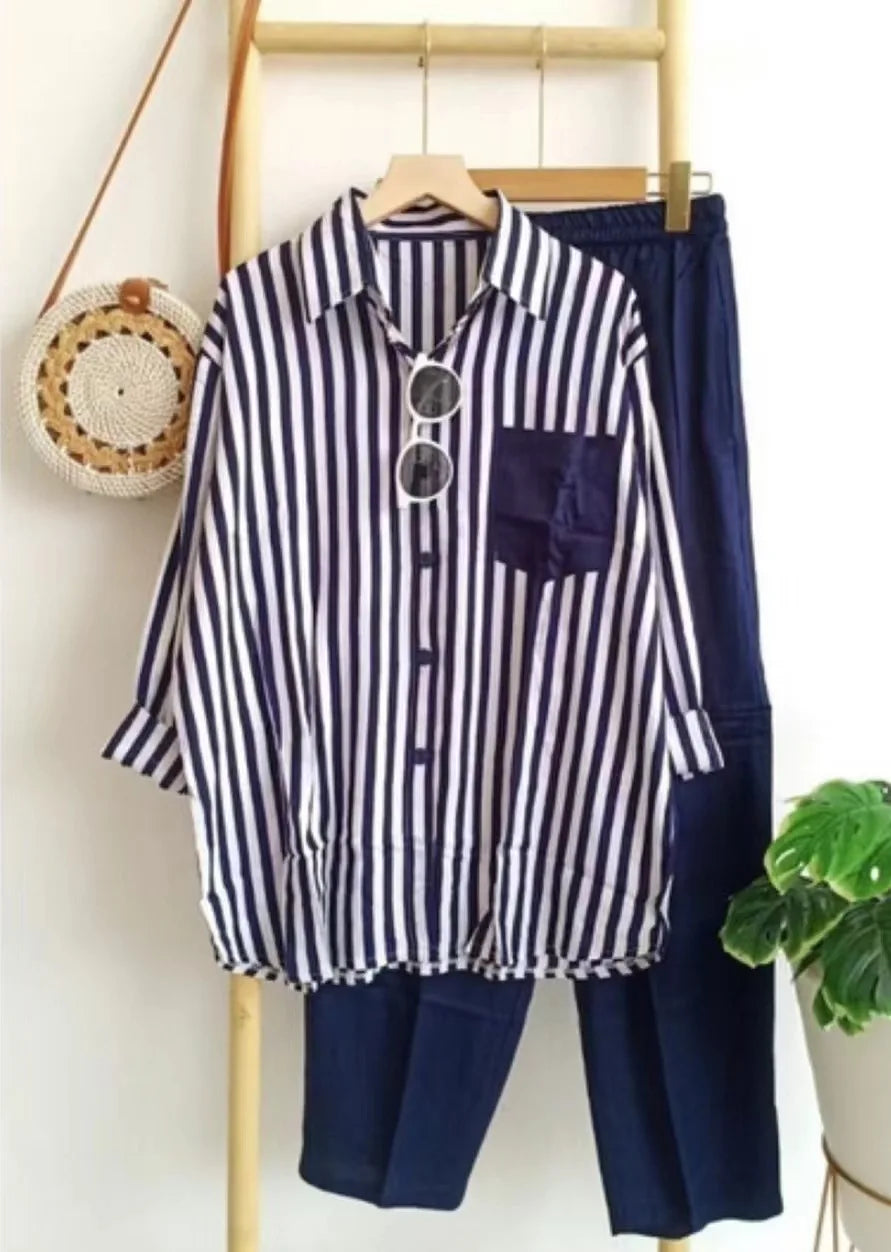 Plus Size Loose Casual Two Piece Sets Women 2025 Fashion Elegant Comfort Striped Long Sleeve Shirts And Long Pants Sportswear