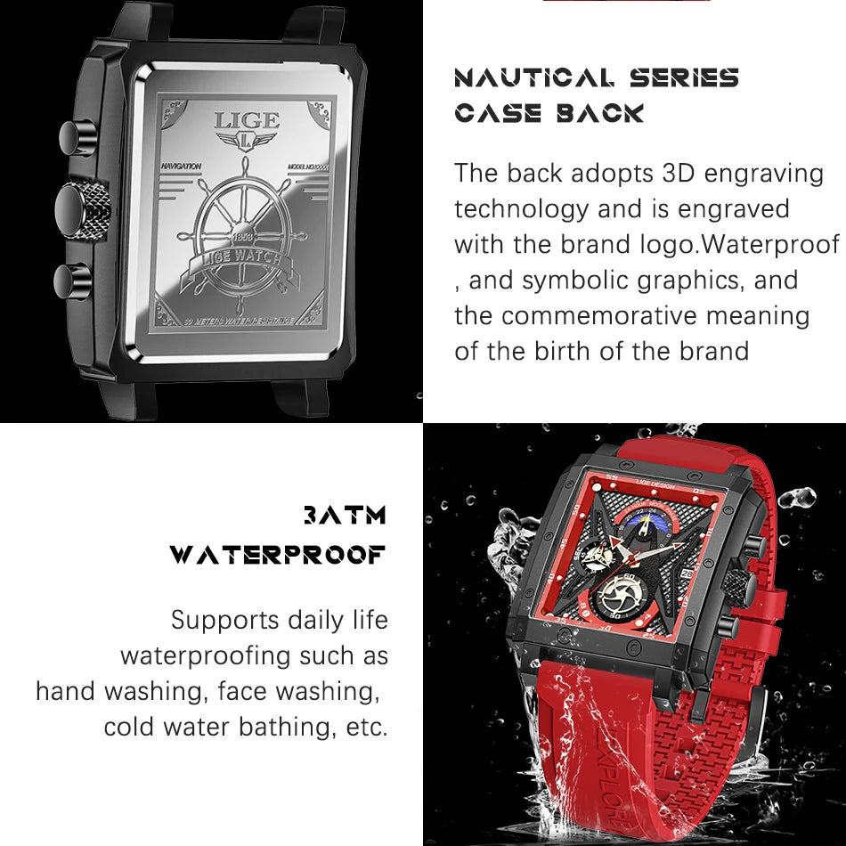LIGE New Fashion Mens Watches Top Brand Luxury Silicone Quartz Watch For Men Waterproof Chronograph 24 Hour Moon Phase Clock+Box