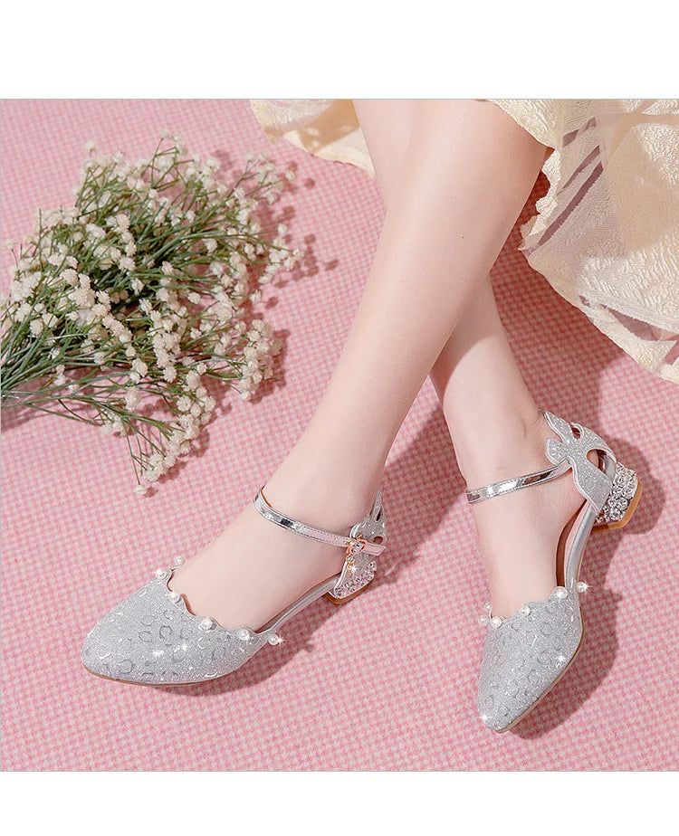 Princess Kids Leather Shoes Girls Sandal Sweet Pearl Casual Glitter Children High Heels Girls Party Dance Shoes Pink Gold Silver