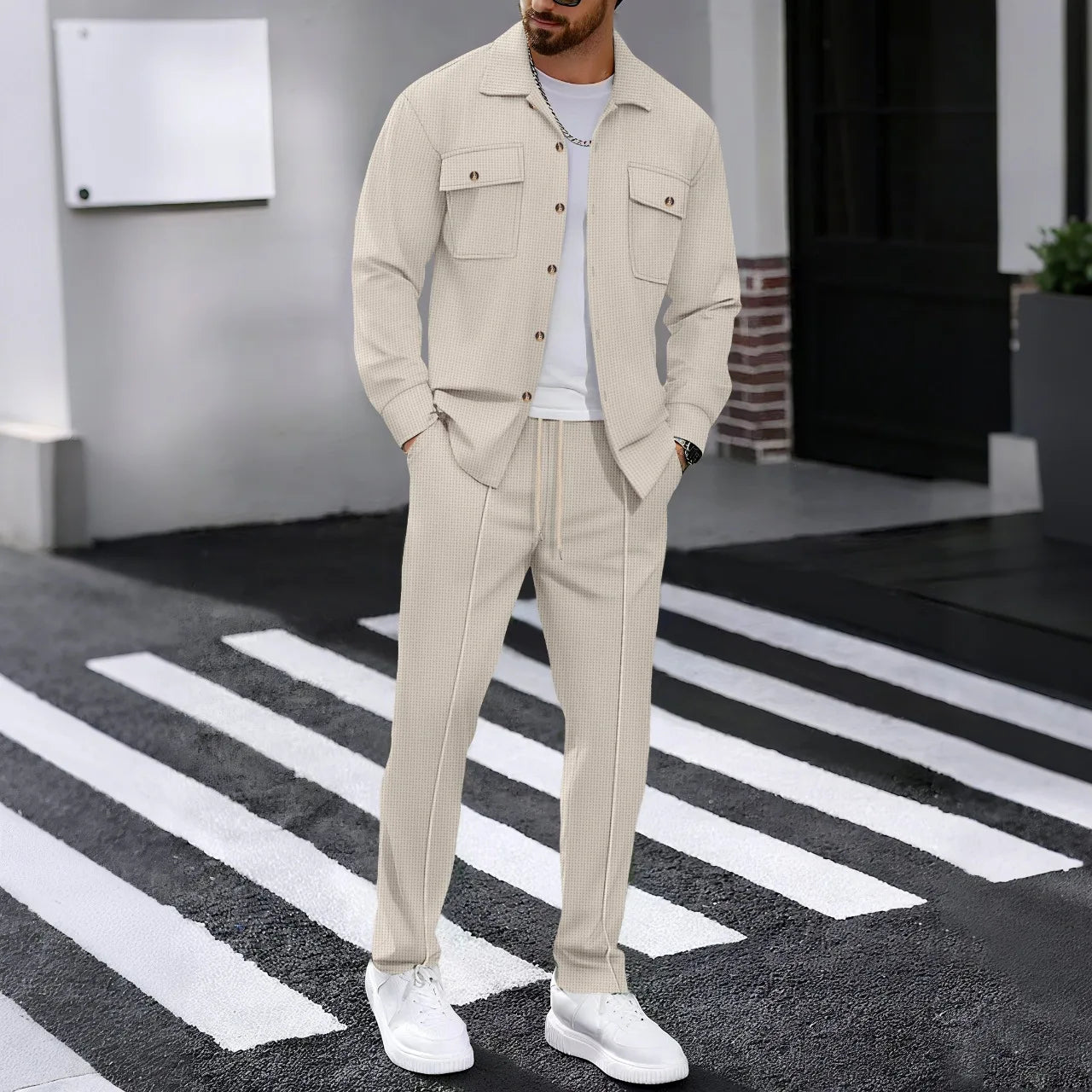 New men's solidcolor waffle longsleeved pants set  high quality fashionable comfortable with doublepocketsworkwearstyle cardigan