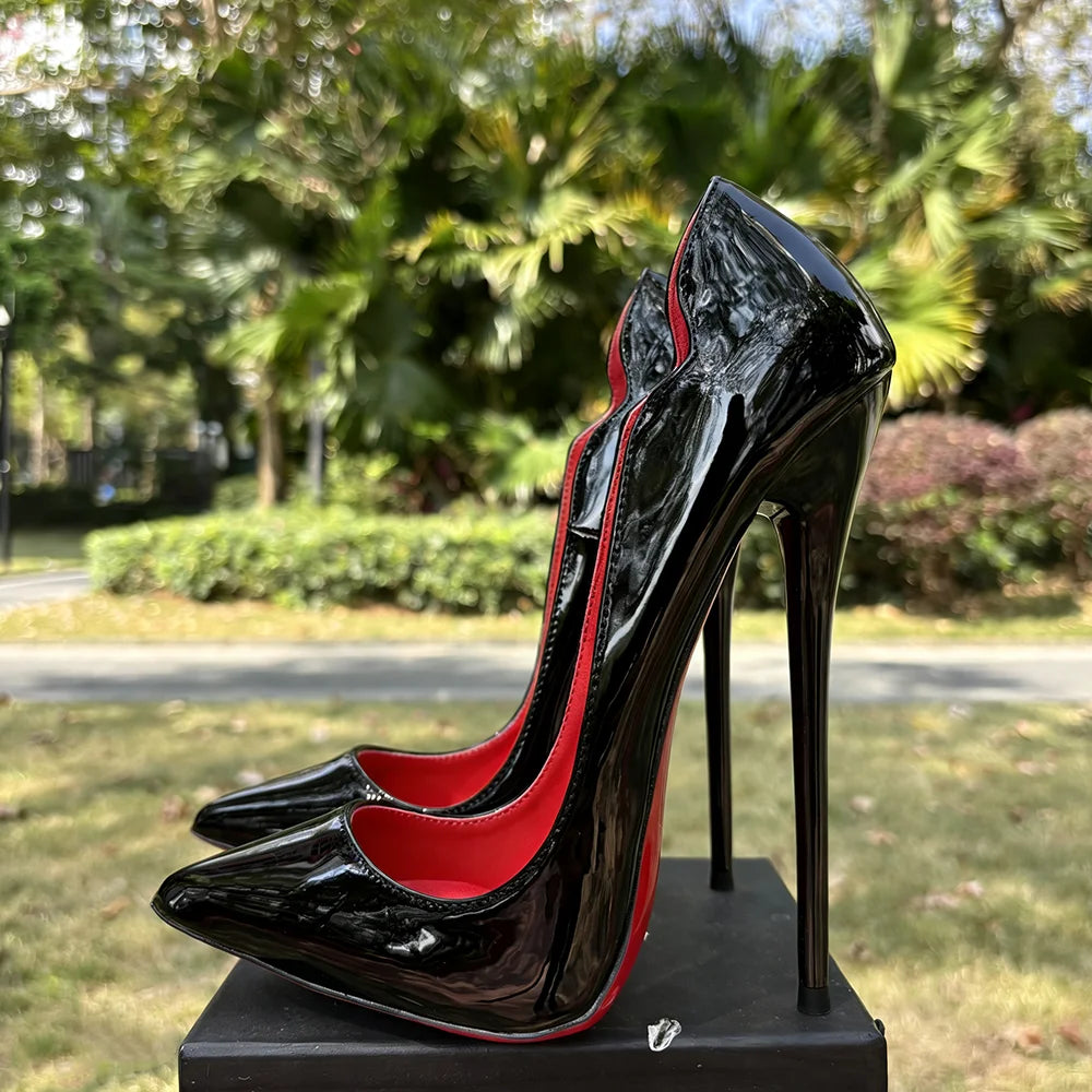 2026 Customize Side V Cut 16cm Ultra High Heels Matte Black Red inside Woman Pumps Curl Cut Slip on Pointed toe T-stage Shoes