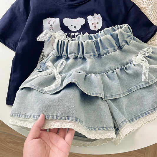Girls' Denim Lace-Trimmed Multi-Layered Tiered Skirt