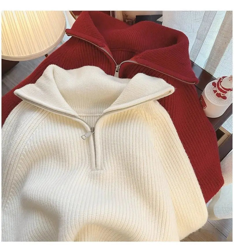 2024 Autumn New Korean Style Versatile Basics Half-zipper Loose Lapel Winter Long-sleeved Lazy Sweater Pullover Top