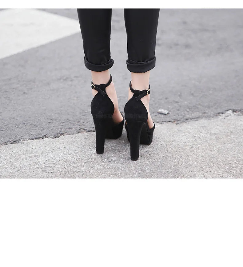 Black Platform Pumps for Women 14cm Spike Heels Ankle Strap Sexy Fashion High Heels Party Wedding Shoes Ladies